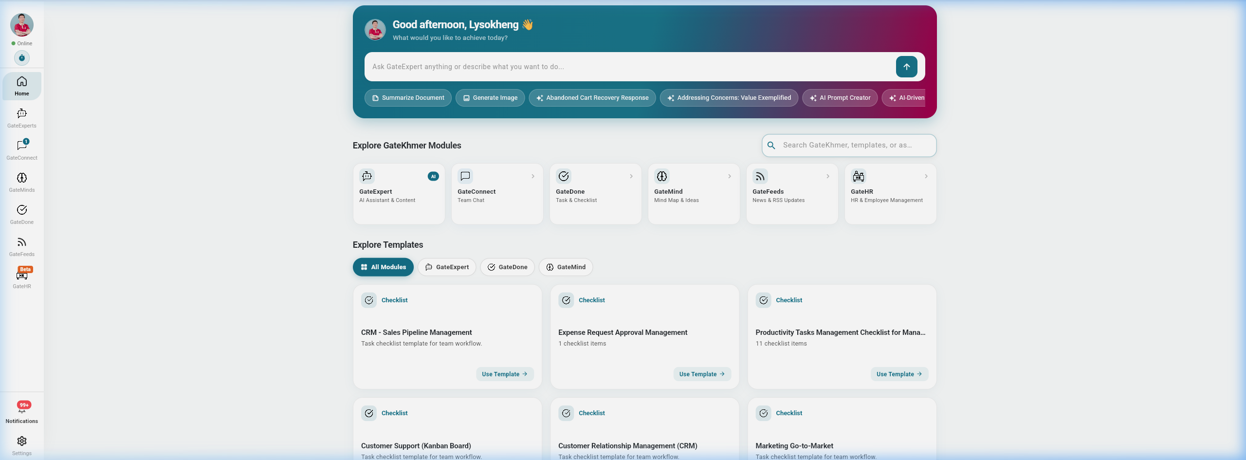 GateKhmer AI Web and Desktop Home Dashboard Interface